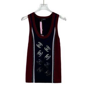 Chanel Color-Blocked Logo Sequin Wool Sleeveless Knitted Vest Size 42 Round Neck